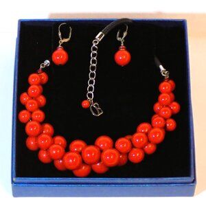 New Signed OE Retro Terra Cotta Bead Cluster Necklace & 925 Earrings Set Crystal